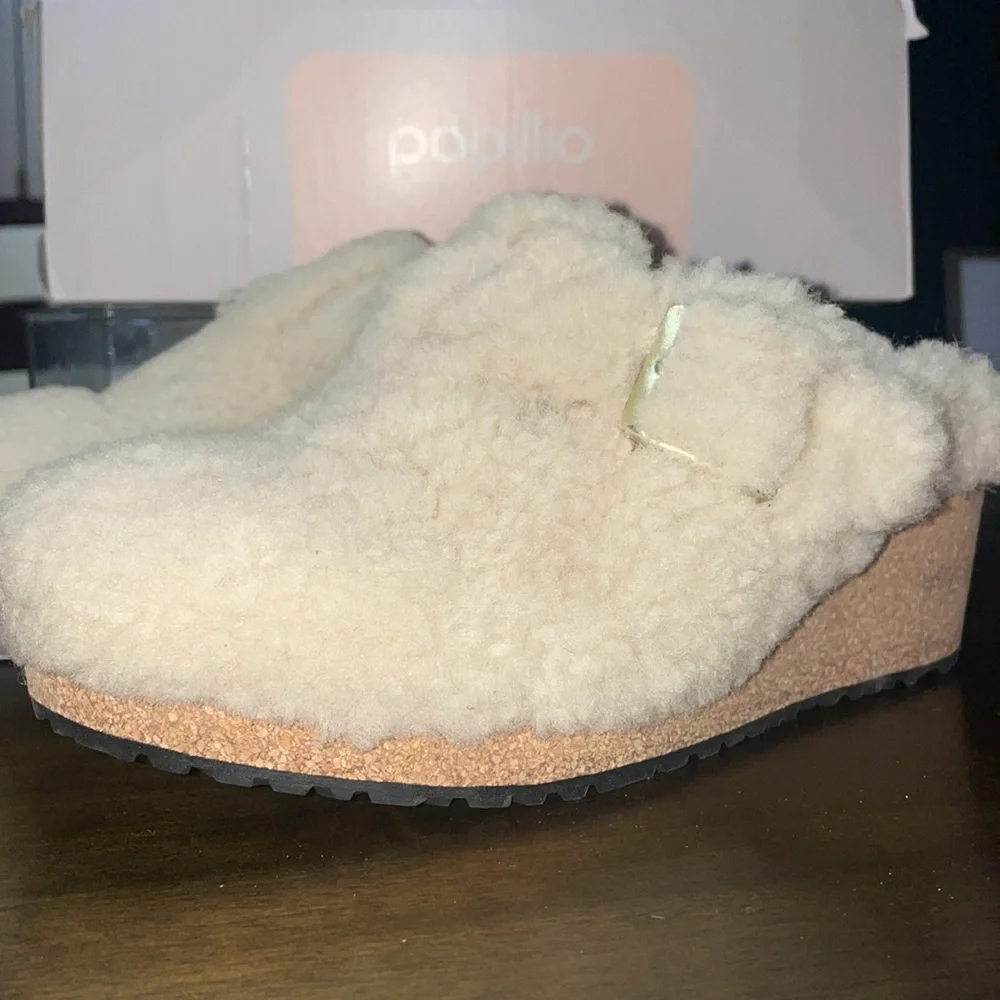 NWB Birkenstock Papillio Fanny Teddy Shearling Wedge clogs - Picture 3 of 8